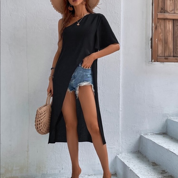 Boho Black Plain One Shoulder Asymmetrical Hem Blouse - Picture 5 of 13